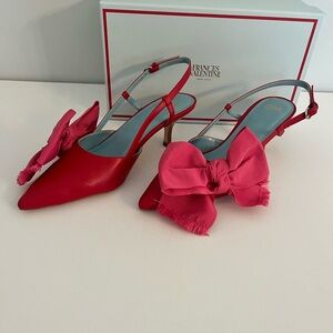 Frances Valentine Grace Nappa Leather Red Heels with Pink Bow
One in light blue